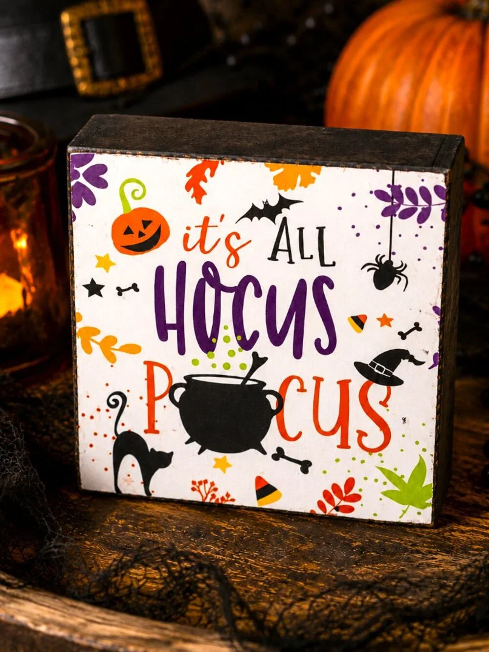 Halloween Hocus Pocus Witch Cauldron Wood Block Sign Spooky Home Décor NWT